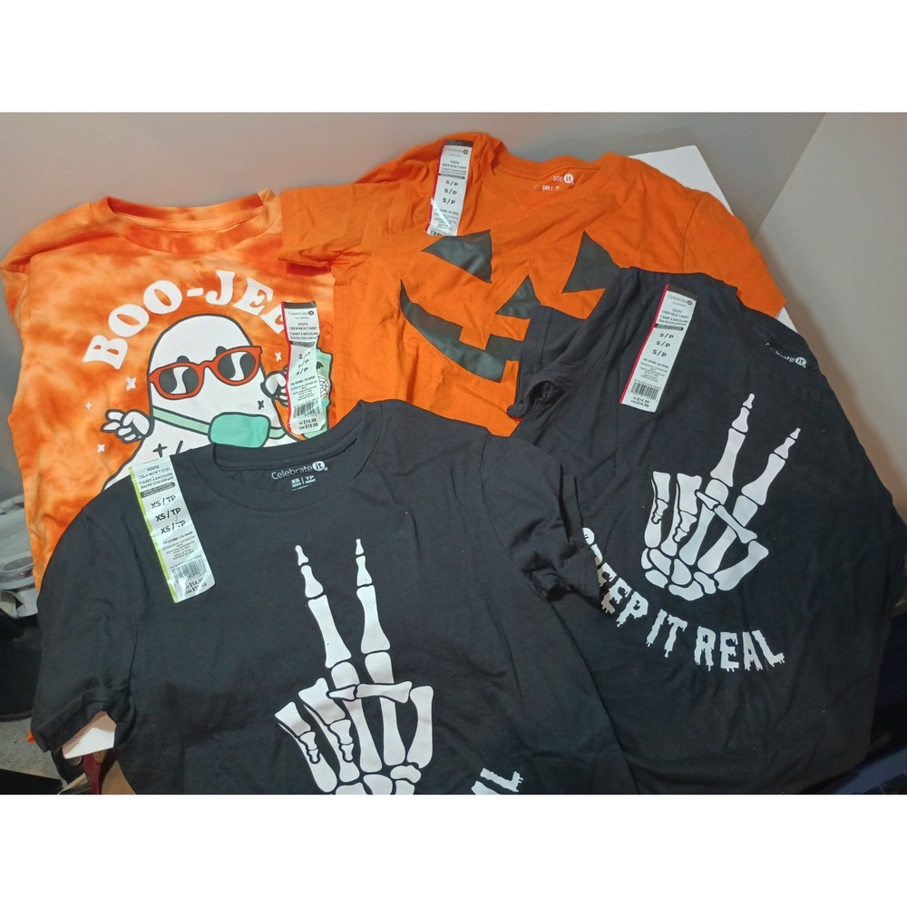 Lot 4 NWT Celebrate It Youth Halloween T-Shirts XS S Pumpkin Ghost Skeleton...